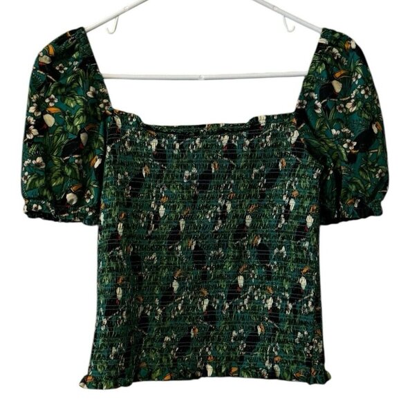 Dolan Anthropologie Left Coast Green Smocked Top Sm‎ Puff Sleeve Tropical Toucan - Picture 2 of 11